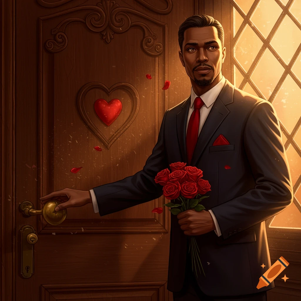 A man in a suit holding red roses opens a wooden door with a heart design, illuminated by warm light.