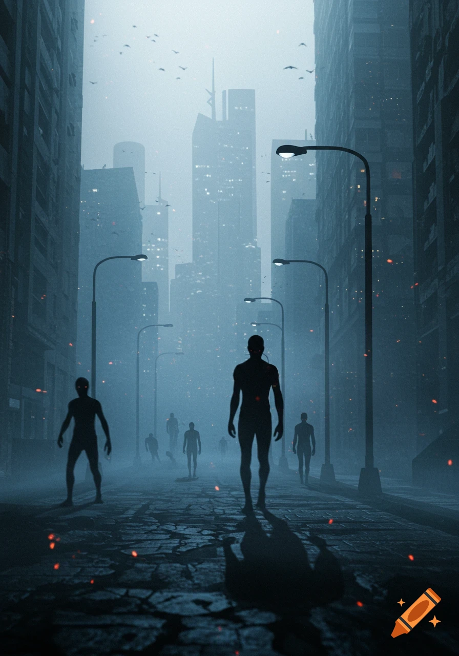Dark silhouettes of figures walking on a cracked street in a foggy, dystopian city with glowing red elements, in a cinematic digital art style.
