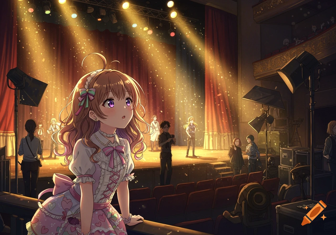 Anime girl in a pink dress looking at a brightly lit theater stage from the audience, with other people and stage equipment visible.