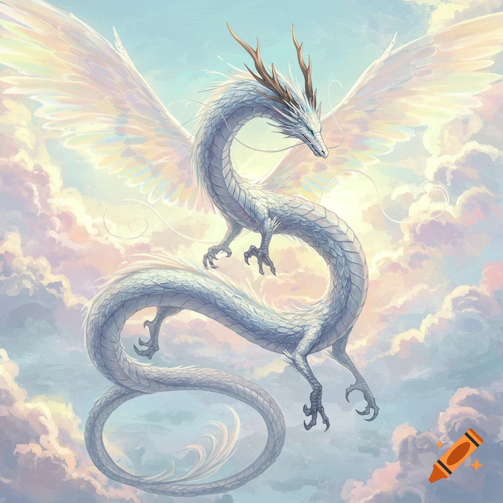 White winged dragon with horns flying through pastel clouds in an ethereal art style.