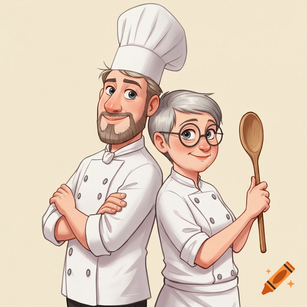 A cartoon man chef with a beard and a woman chef with glasses holding a wooden spoon, standing back to back in white uniforms.