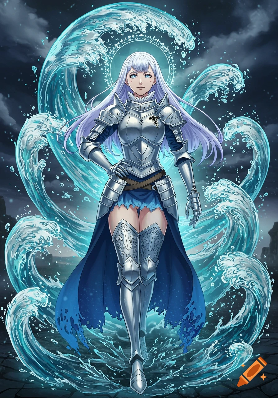An anime character with white hair and silver armor stands surrounded by swirling blue water and a glowing halo.