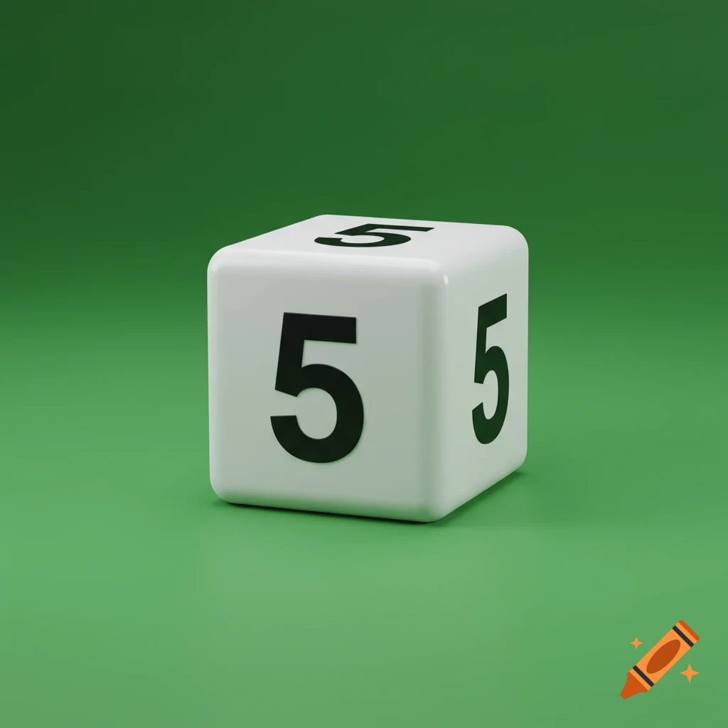 A white cube displaying the number 5 on its visible faces, set against a solid green background.