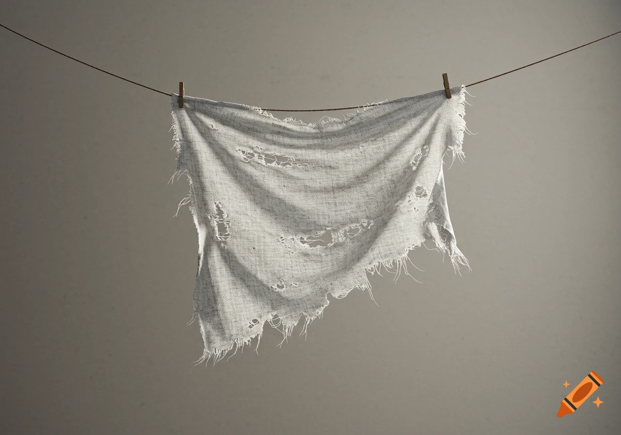 A tattered, light gray fabric sheet with rips and frayed edges, hanging on a wire with clothespins against a plain gray background.