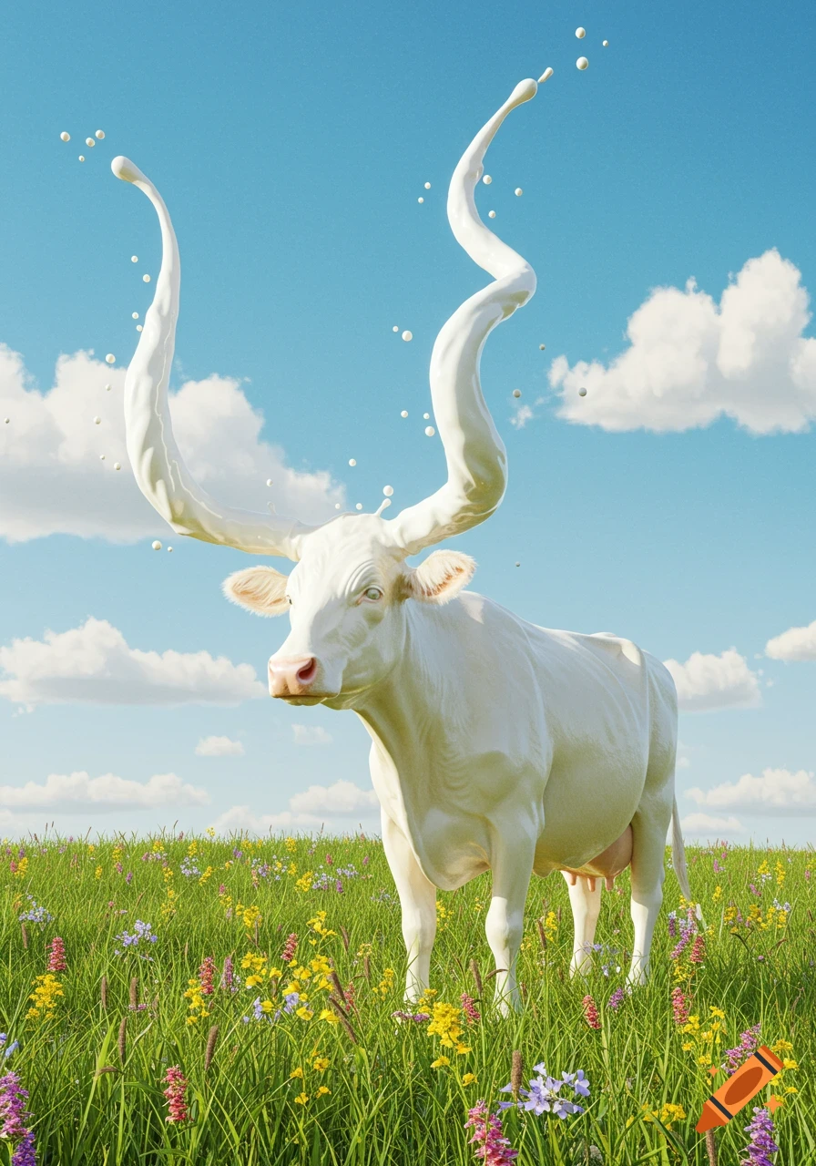 Photorealistic image of a white cow with splashing milk horns in a vibrant wildflower field under a blue sky.