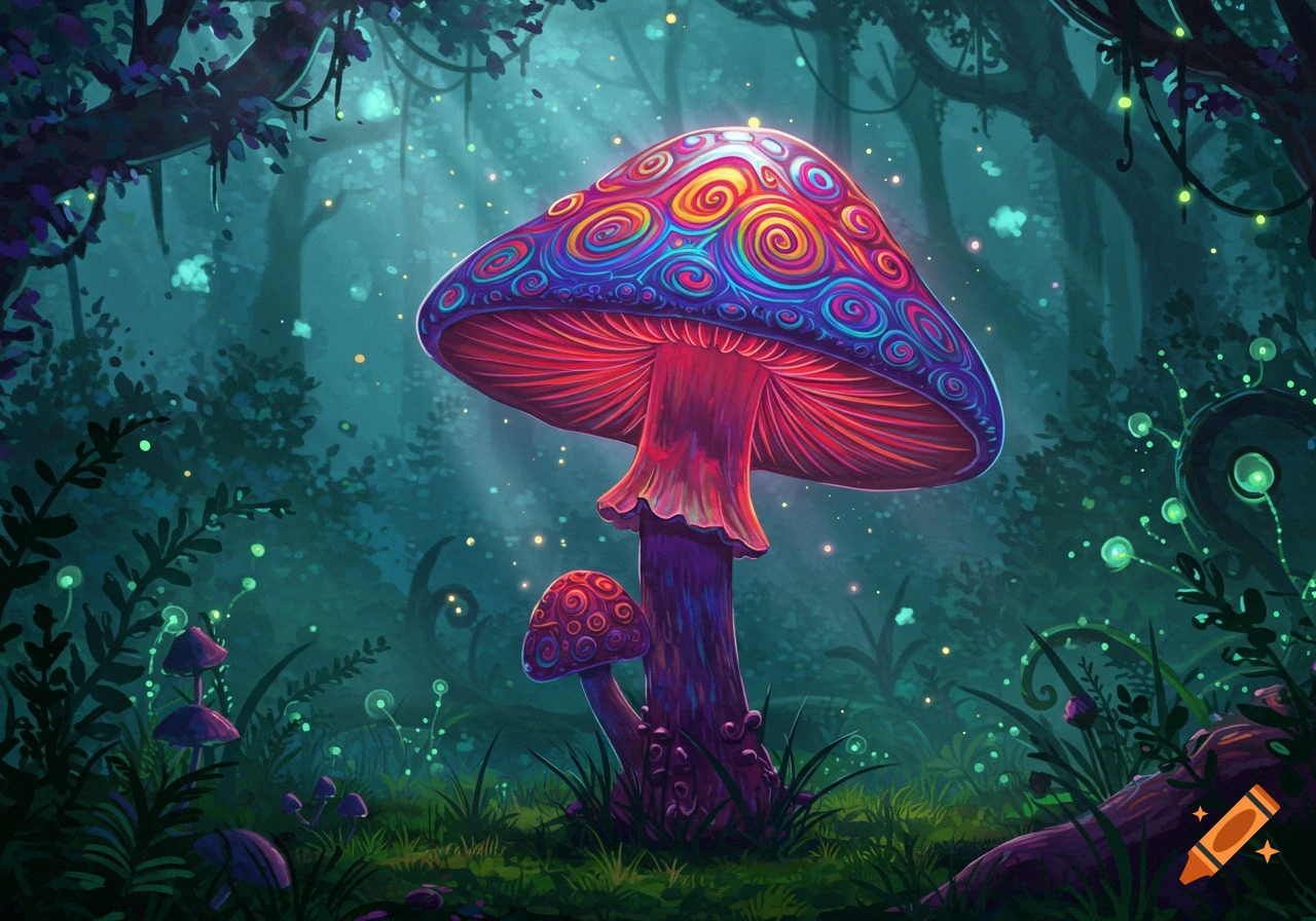 A large, vibrant psychedelic mushroom with swirling patterns glows in a magical, dark forest with sparkling lights.