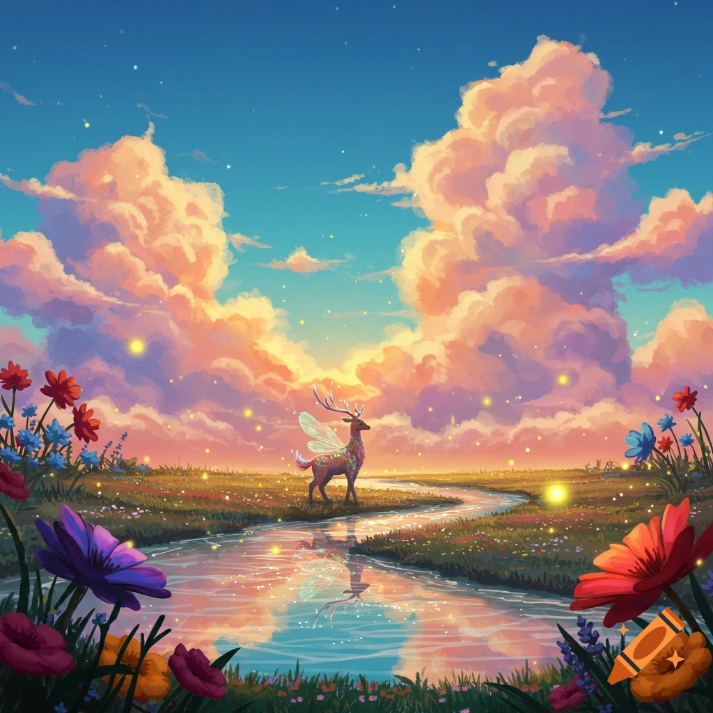 A colorful, dreamlike illustration of a winged deer standing in a vibrant meadow with a winding stream, under a sky with dramatic pink and orange clouds.