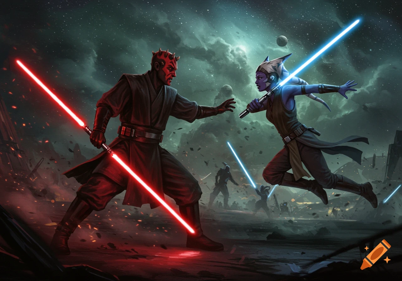 Darth Maul and Ahsoka Tano duel with red and blue lightsabers on a dark, stormy planet, digital painting.