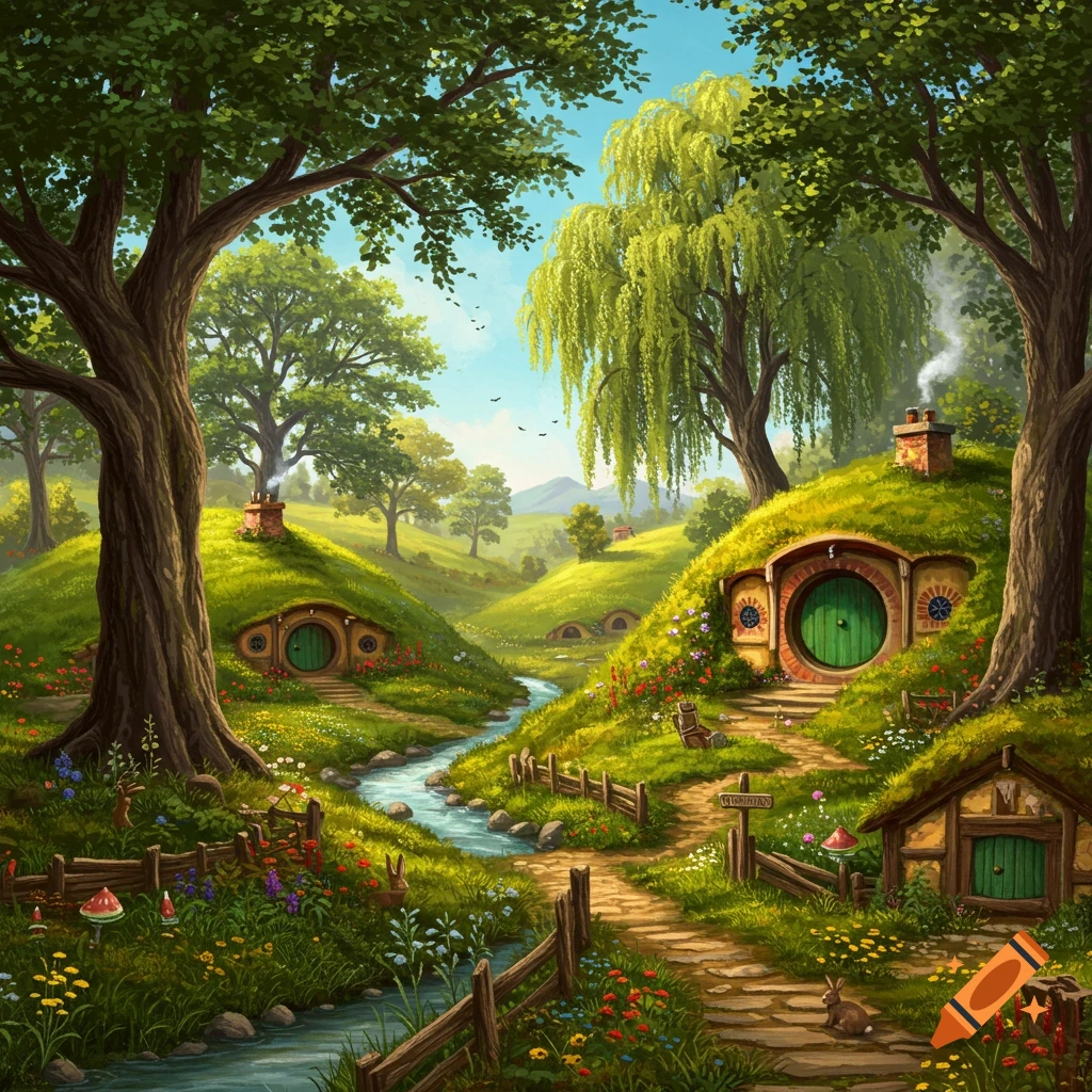 Vibrant fantasy landscape with hobbit holes built into green hills, a winding stream, a path, and lush trees.