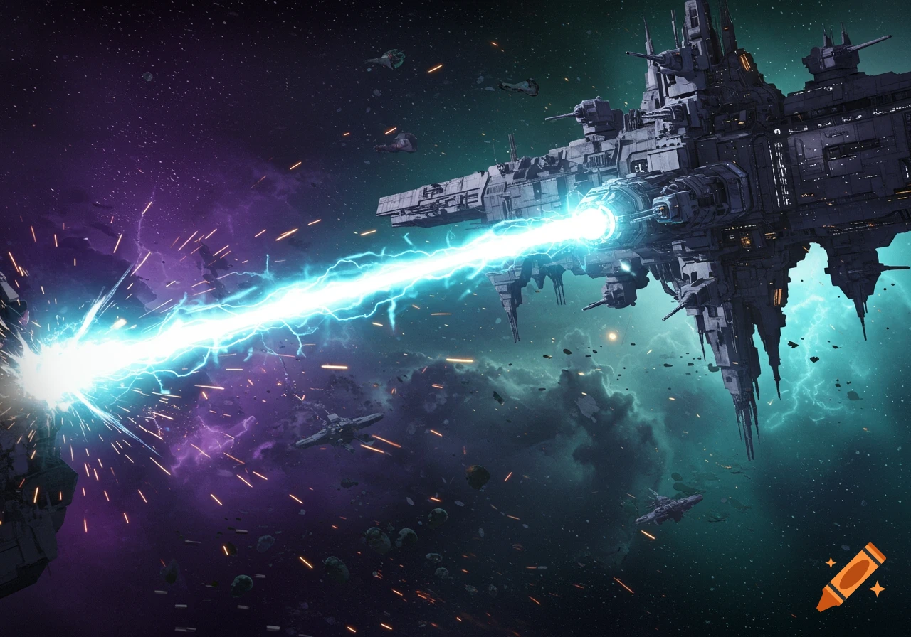 A large sci-fi space station fires a bright blue laser beam across space, surrounded by smaller ships and a colorful nebula.