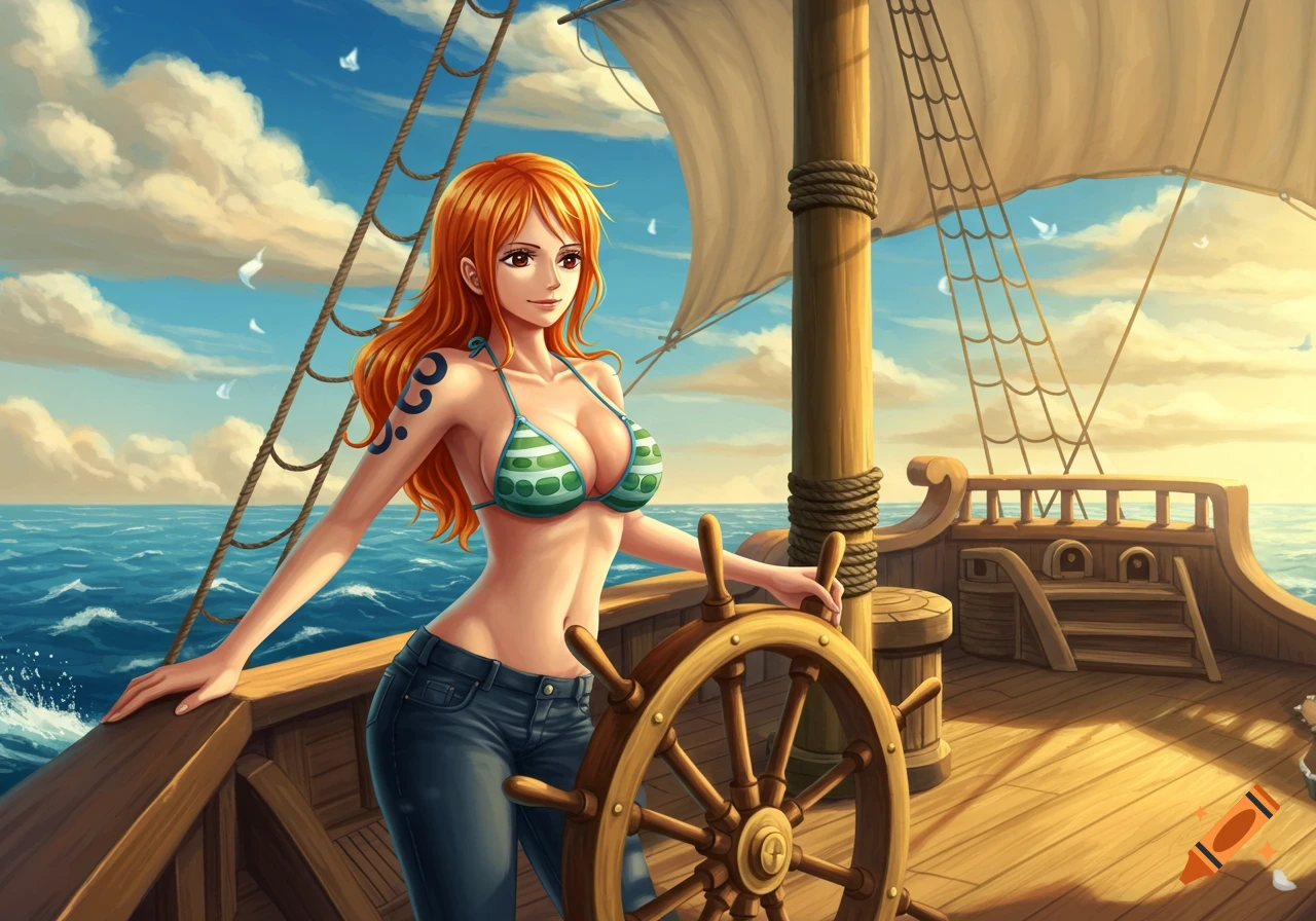 Anime character Nami from One Piece stands on a pirate ship, holding the ship's wheel, under a sunny sky.