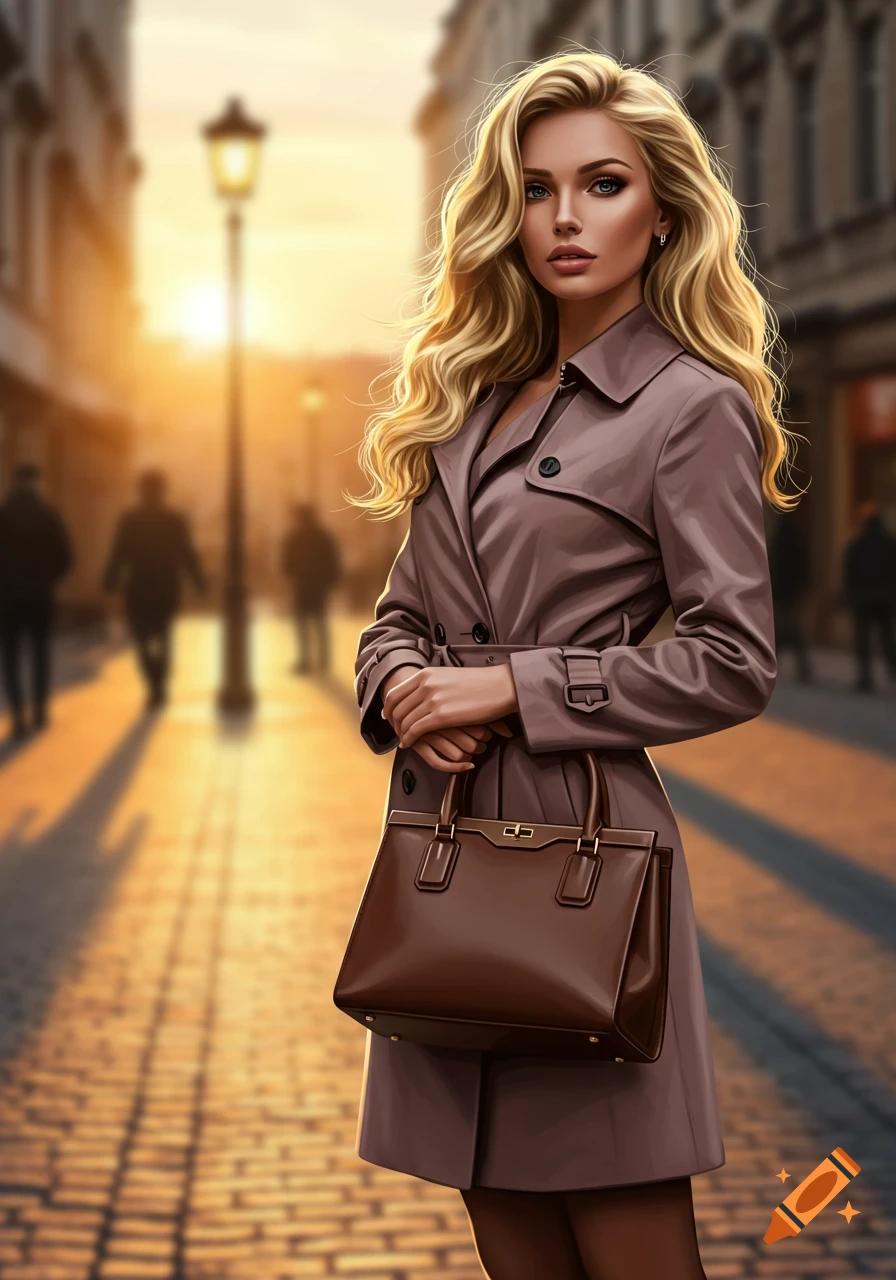 A photorealistic depiction of a blonde woman in a brown trench coat holding a matching handbag on a cobbled street at sunset.