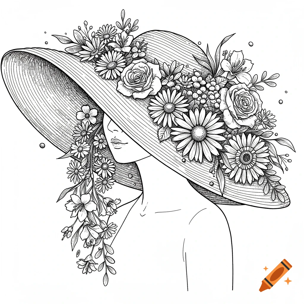 Line art illustration of a woman in a wide-brimmed hat adorned with roses, daisies, and other flowers.