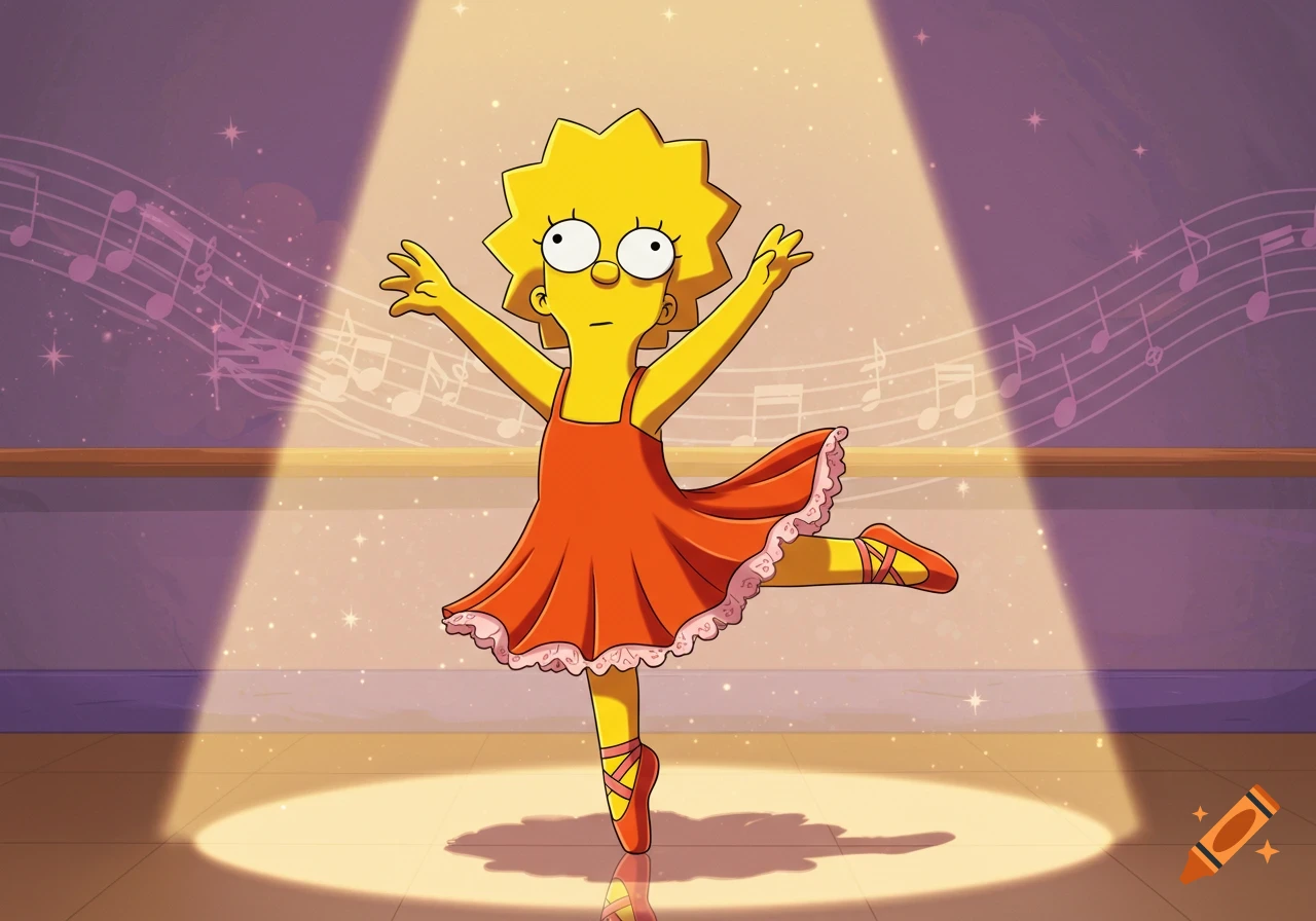Cartoon Lisa Simpson in an orange ballet dress and pink pointe shoes, dancing gracefully on a stage with a spotlight.