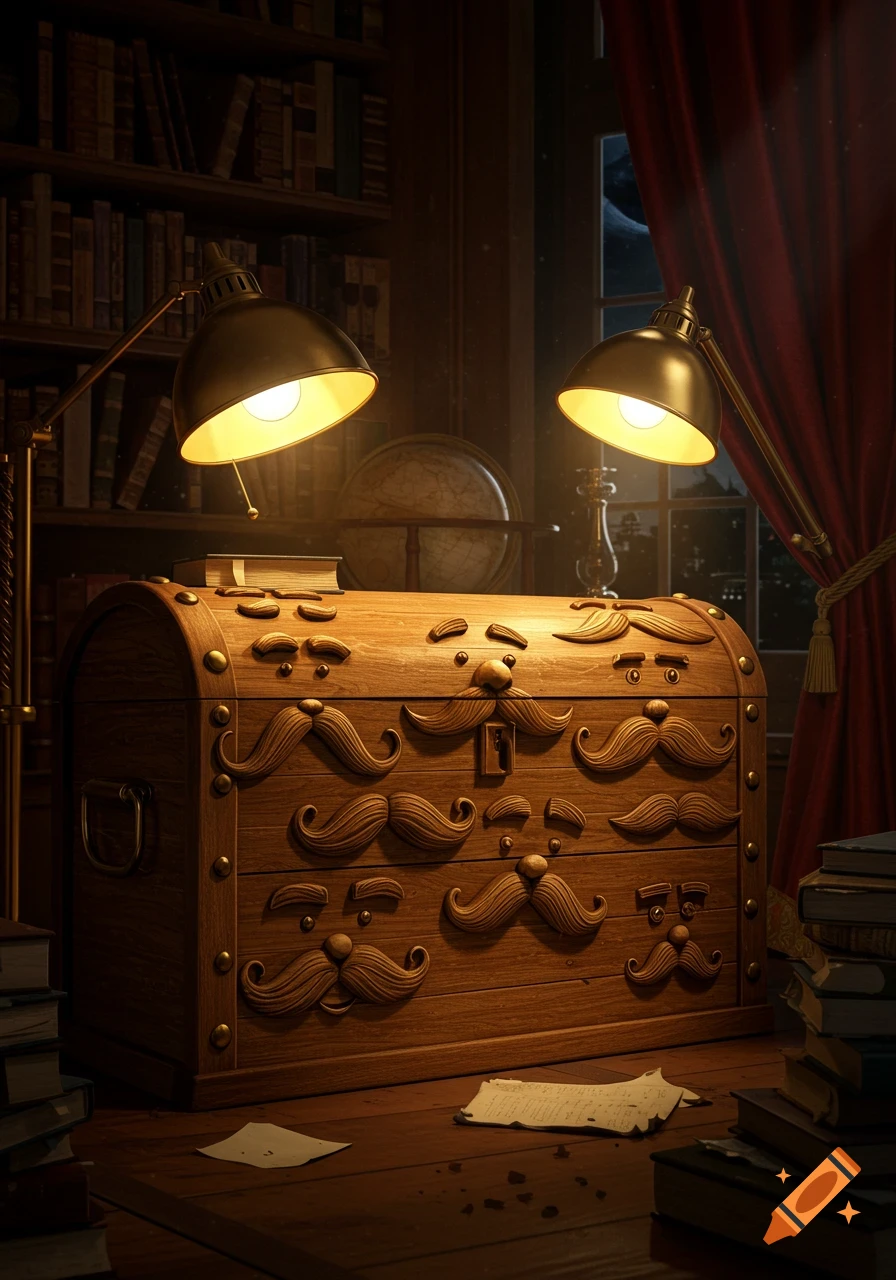 A whimsical wooden chest adorned with various mustaches sits on a desk in a dimly lit library, illuminated by two desk lamps.