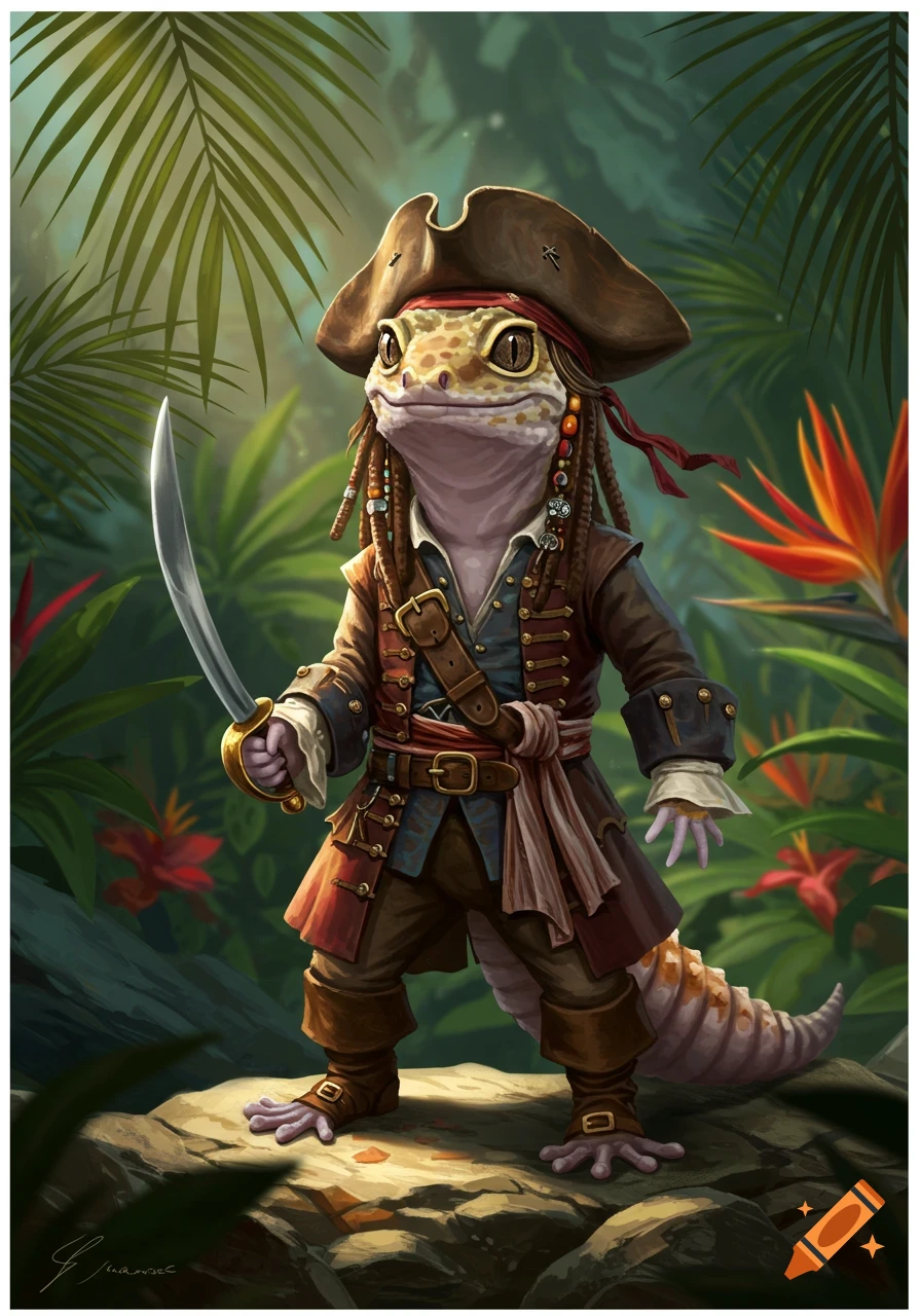 A cute gecko dressed as a pirate, holding a cutlass, stands on rocks in a lush, green jungle with tropical flowers.