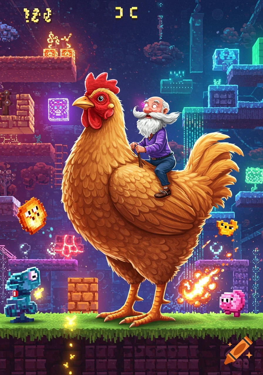 An old man with a long white beard rides a giant brown chicken through a vibrant pixel art video game world with floating platforms and pixel characters.