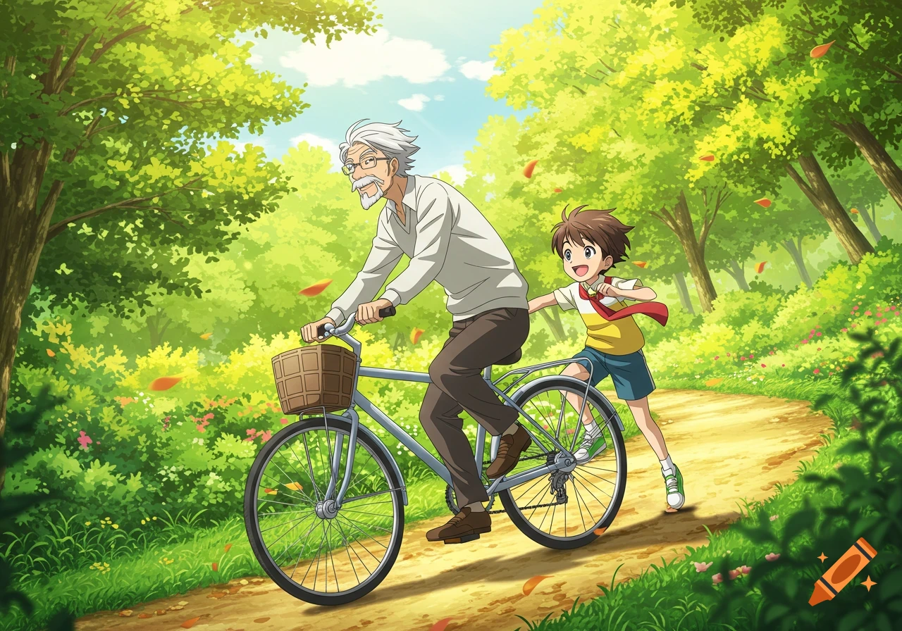 Anime style of a grandfather riding a bicycle with a happy boy pushing him from behind on a sunny, green park path.