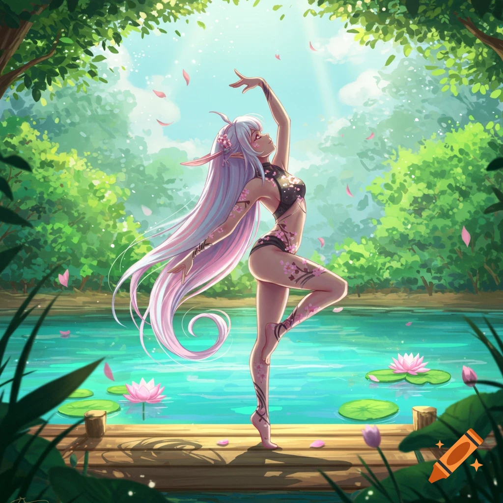 An anime elf girl with long lavender hair and cherry blossom tattoos elegantly poses on a wooden dock by a serene lake in a lush green forest.