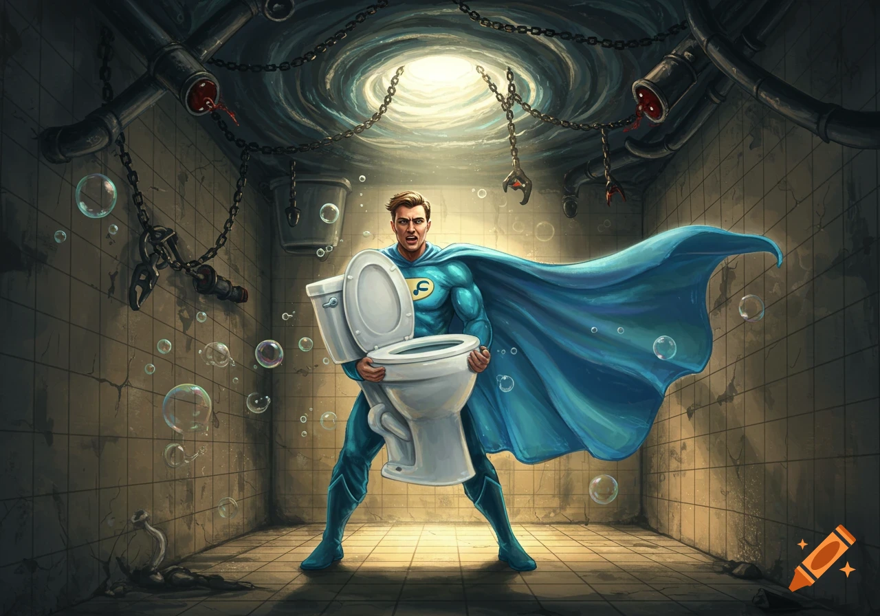 Muscular superhero in a blue suit and cape holding a toilet in a grimy, tiled bathroom with pipes and a swirling vortex, comic style.