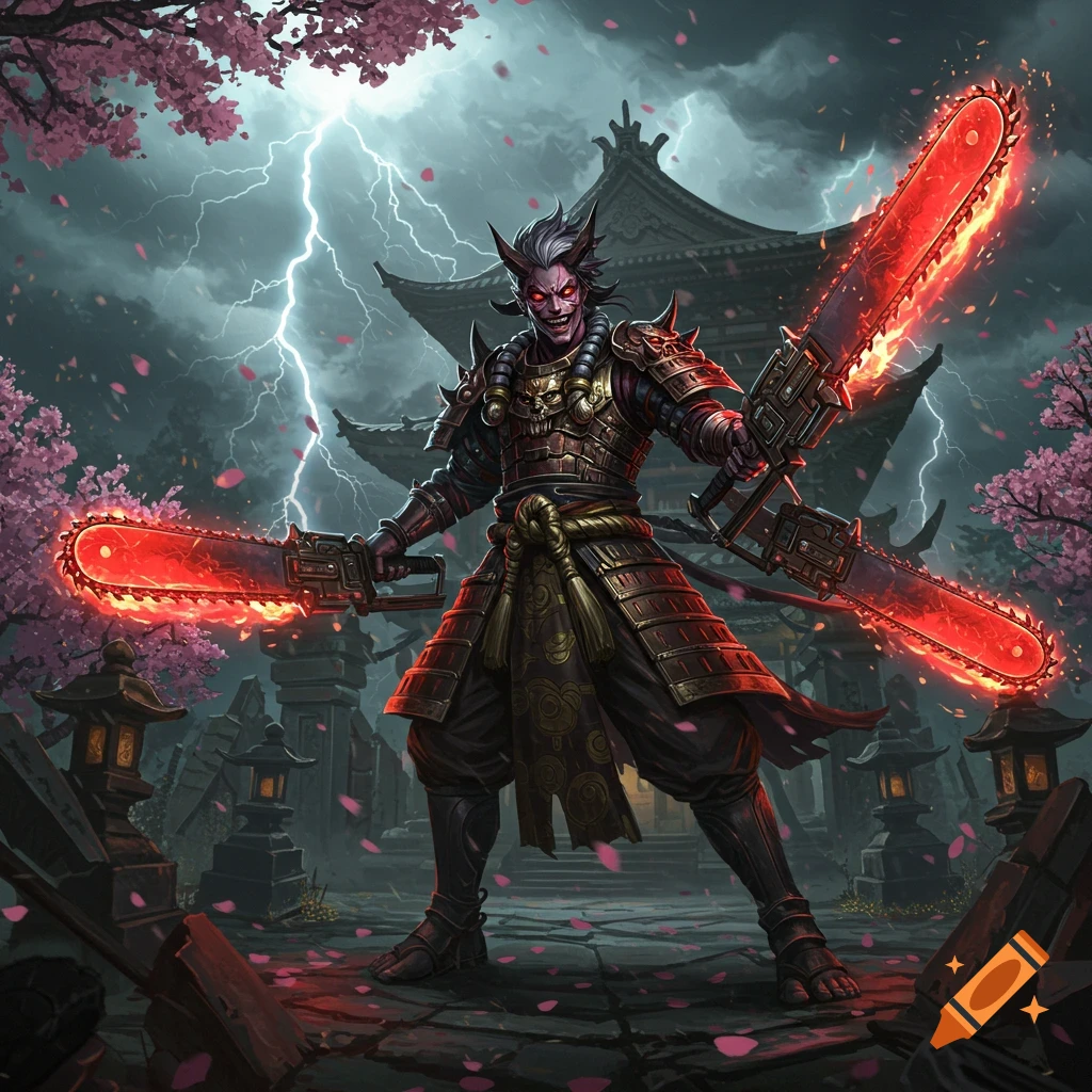 A horned demonic warrior in samurai armor with glowing red chainsaws stands before a stormy Japanese temple with cherry blossoms.