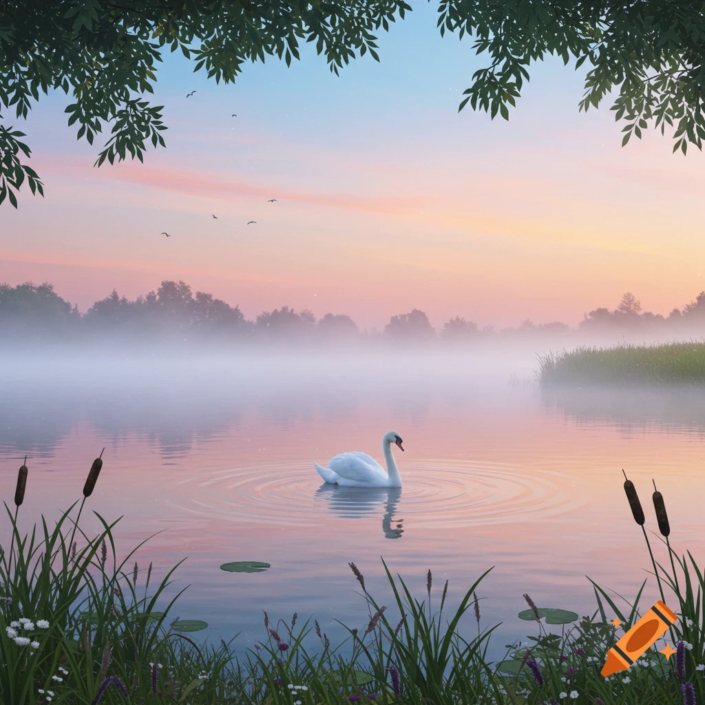 A white swan floats on a misty lake with pink and blue skies at sunrise or sunset, surrounded by green reeds and distant trees.