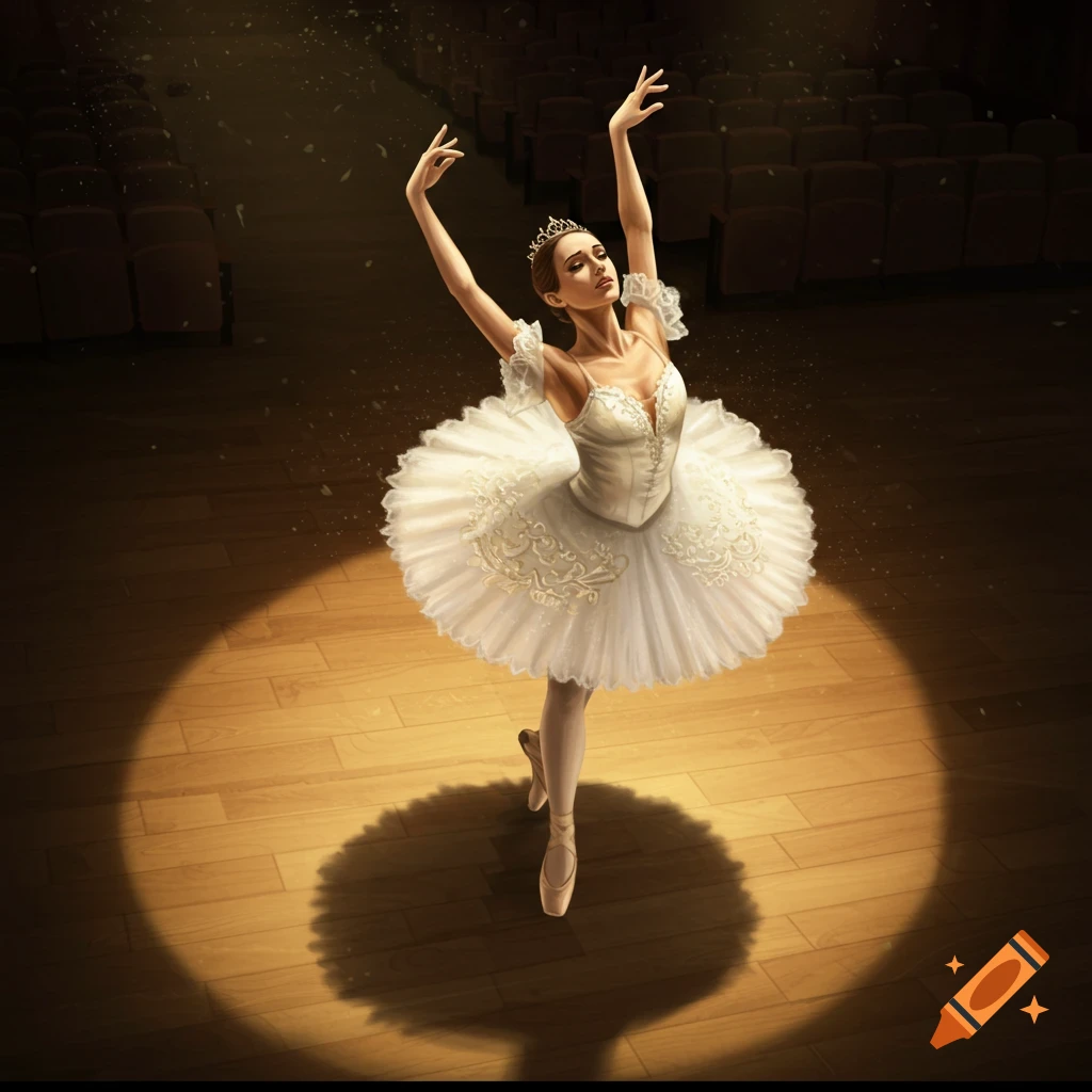 A classical ballerina in a white tutu performs en pointe on a spotlighted stage, viewed from above.