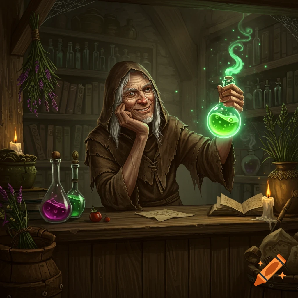 A smiling old alchemist in a brown robe holds up a glowing green potion in his rustic workshop, surrounded by vials, herbs, and spellbooks.