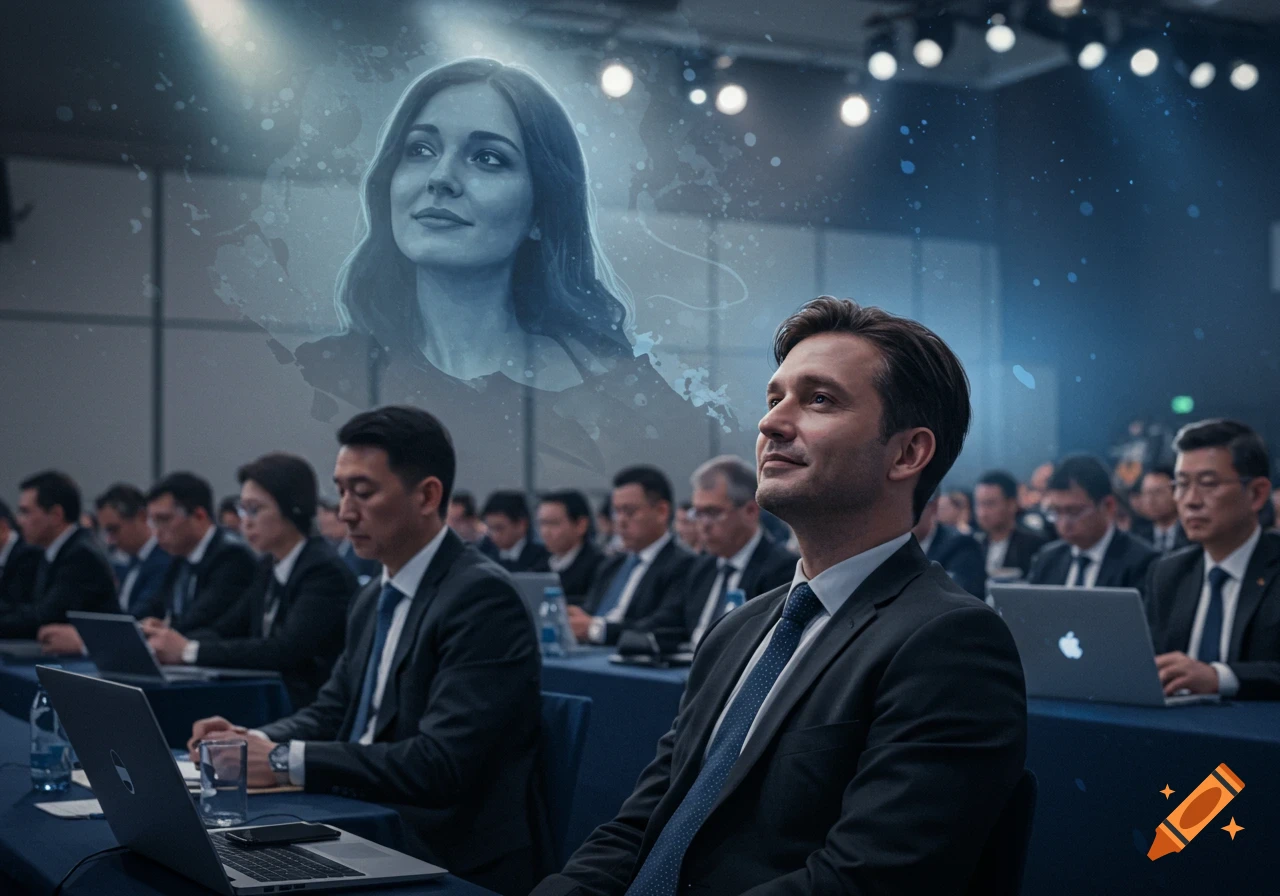 A man in a suit daydreams at a conference, looking up at a blue, ethereal holographic image of a woman. Other attendees are visible in the background with laptops.