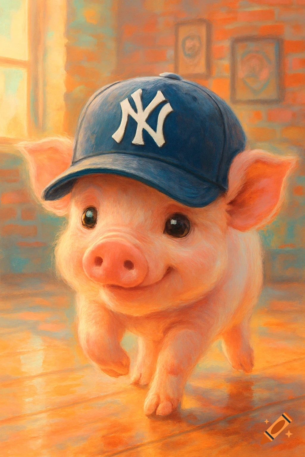 A cute pig wearing a blue New York Yankees baseball cap walks forward and smiles in a painterly style.