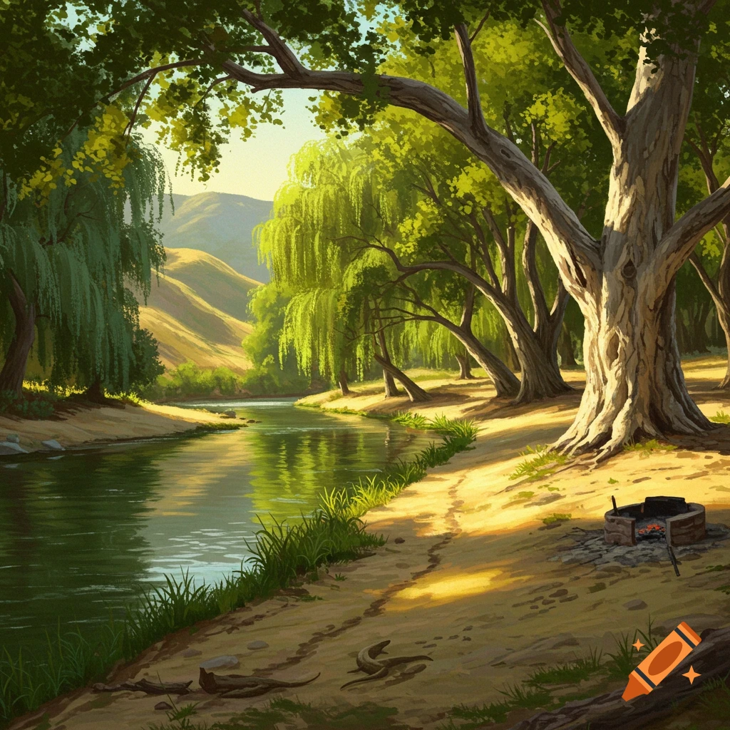 Lush green river flowing through a forest with willows and sycamores, sunlight on a sandy bank with a fire pit, illustration.