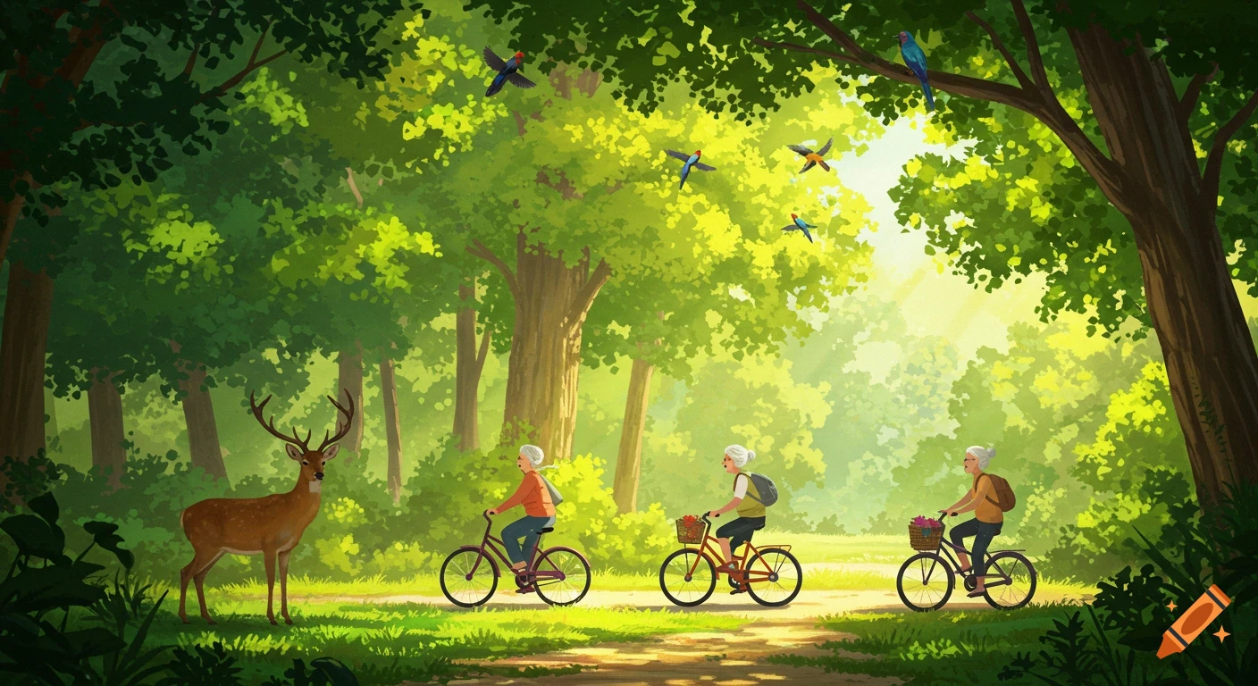 Three elderly people cycle on a sunlit forest path with a deer and birds, in an illustration style.