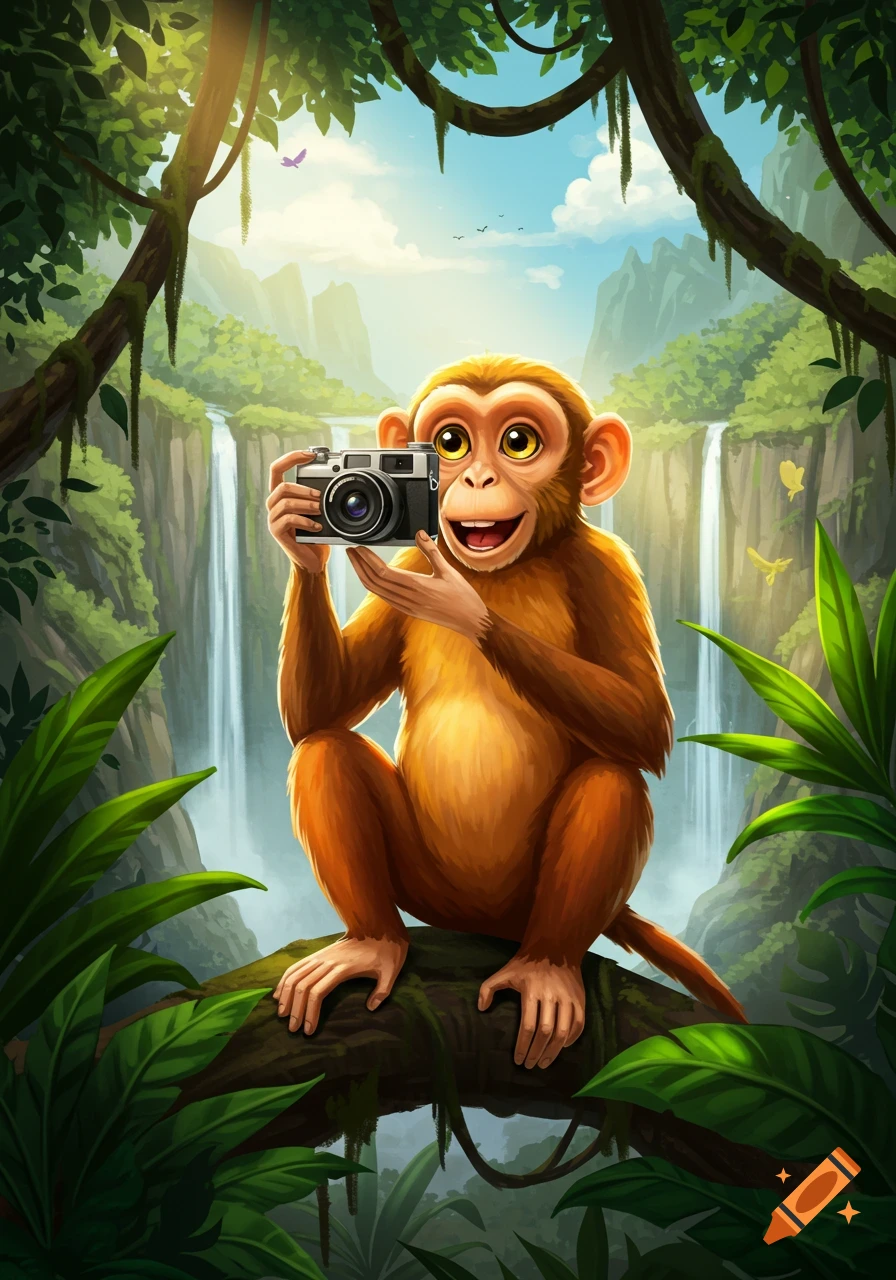 A cheerful cartoon monkey sits on a tree branch, holding a camera in a vibrant jungle with waterfalls.