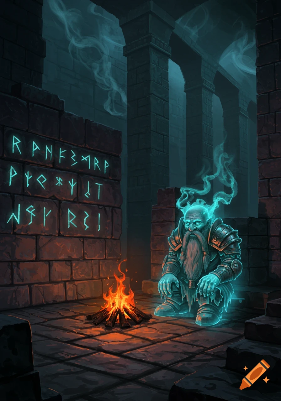 A glowing blue dwarf ghost squats beside a campfire in a dark, stone labyrinth with glowing runes on a wall, in a fantasy art style.