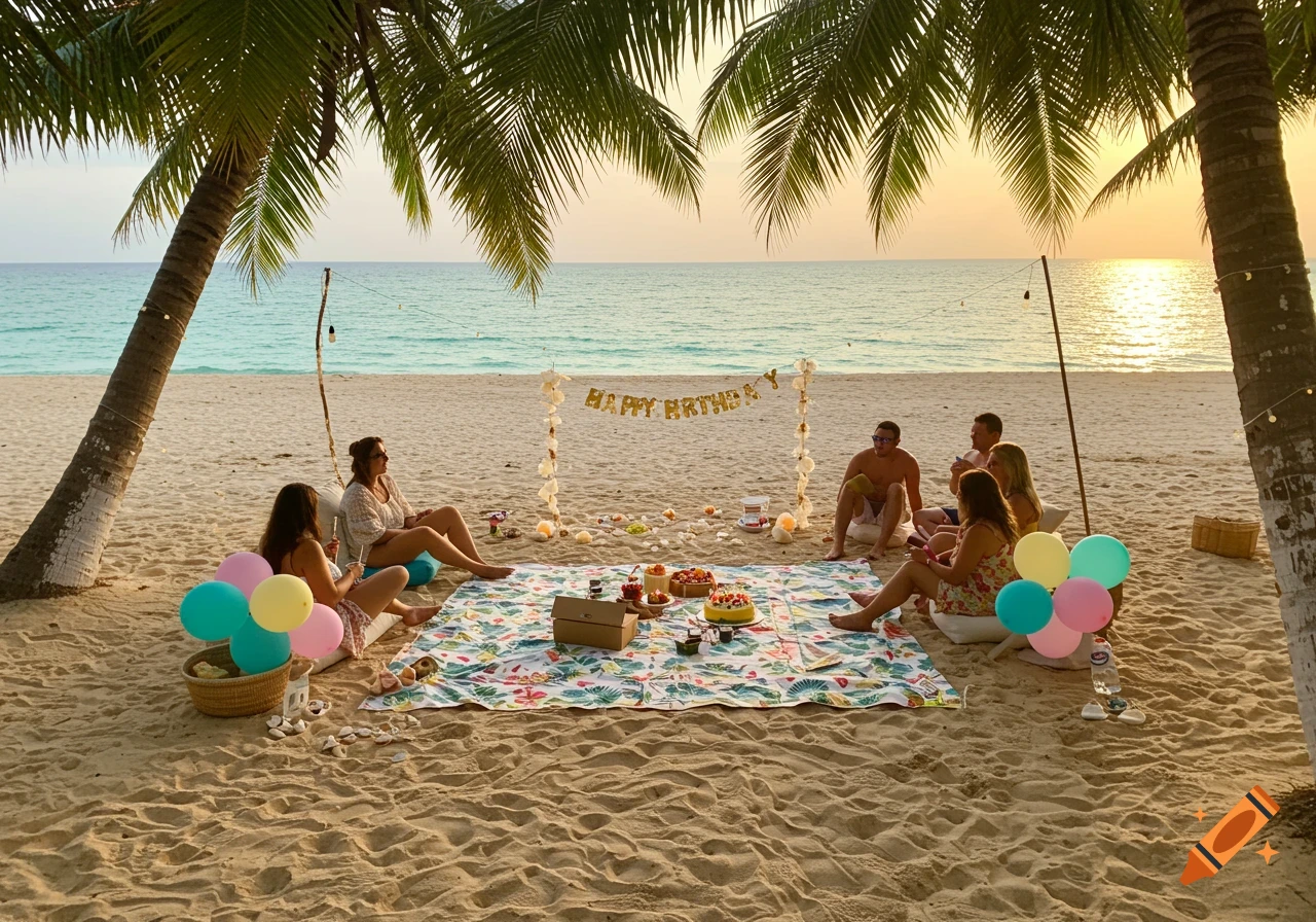Friends celebrating a birthday party on a sandy beach at sunset, with a 'HAPPY BIRTHDAY' banner, balloons, and cake.