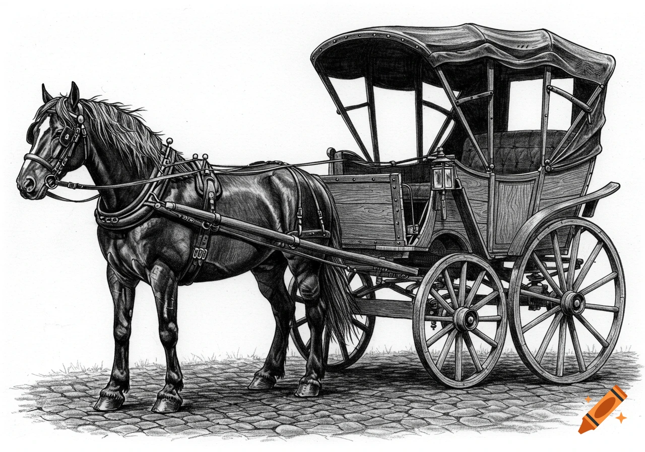 Black and white drawing of a horse pulling a carriage with a canopy on a cobblestone road, side view.