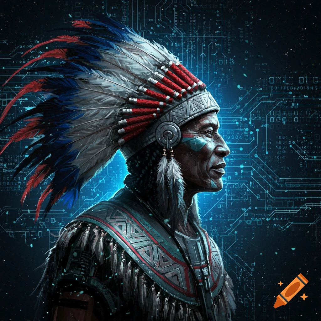 A profile portrait of a person in a feathered chief headdress and face paint, against a glowing blue technological circuit board background.