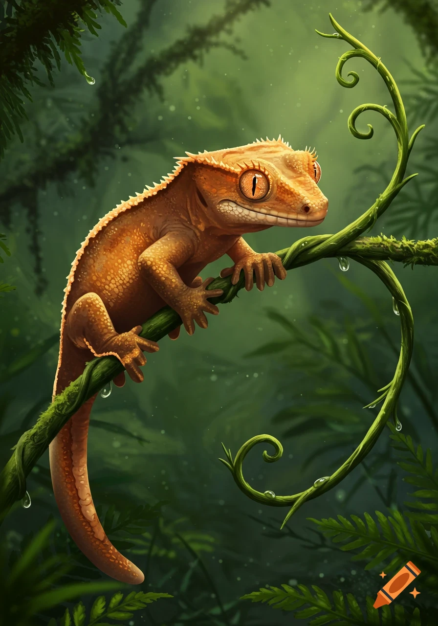 An orange crested gecko with large eyes clings to a green vine in a lush jungle, digital art style.