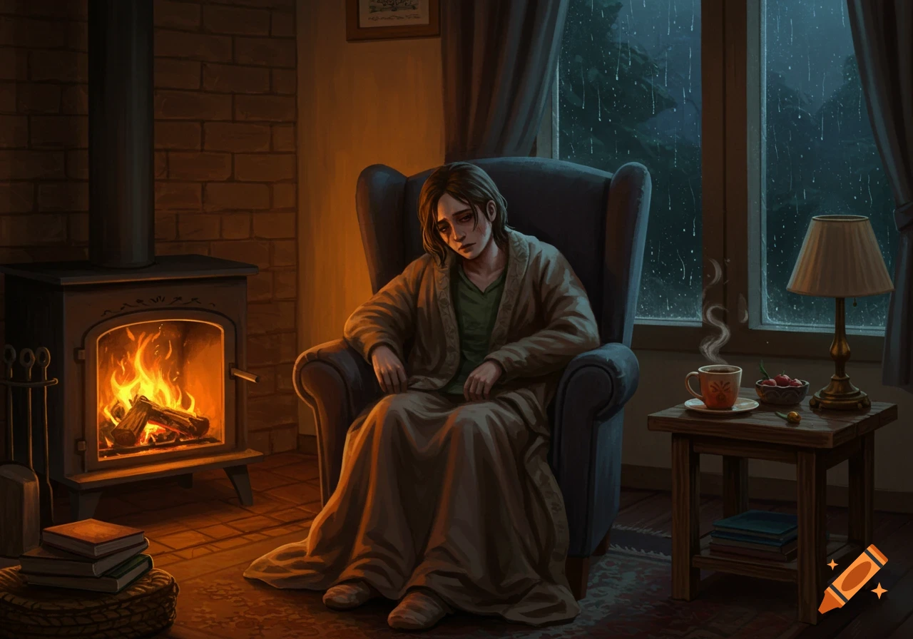 A stylized illustration of a somber person sitting in an armchair by a crackling fireplace on a rainy night.