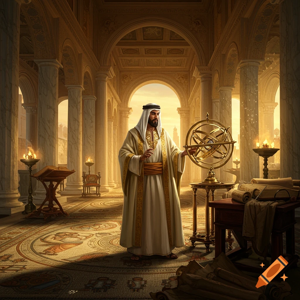 A man in traditional Arabic clothing holds an armillary sphere in a grand hall with columns, arches, and a mosaic floor.