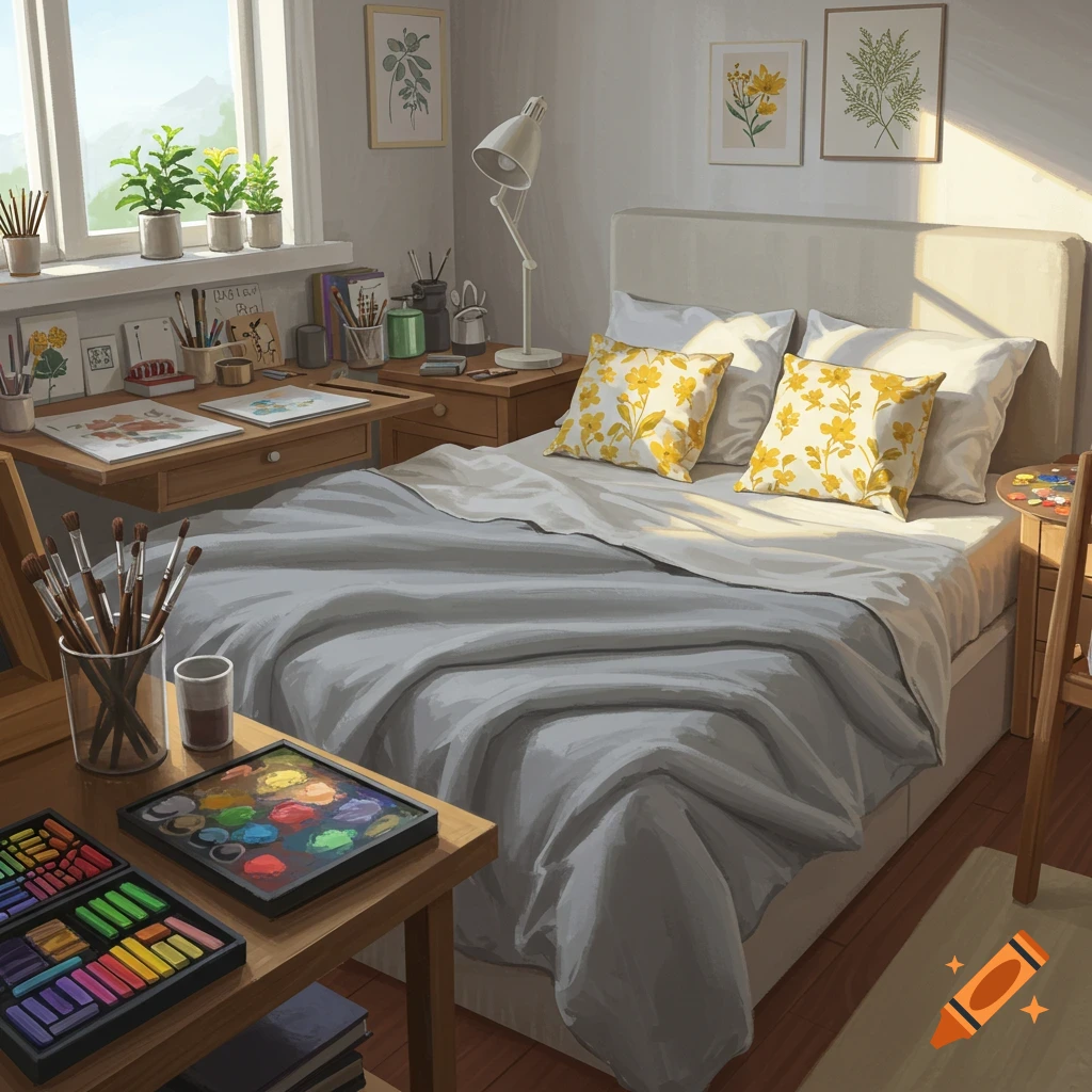 A sunlit bedroom with a bed, two desks filled with art supplies, and plants on a windowsill, in a painterly style.