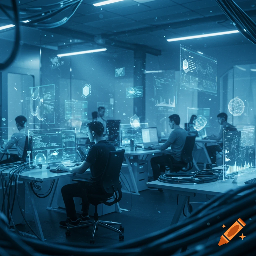 A group of people working in a futuristic, blue-lit IT support office with holographic interfaces and glowing screens.