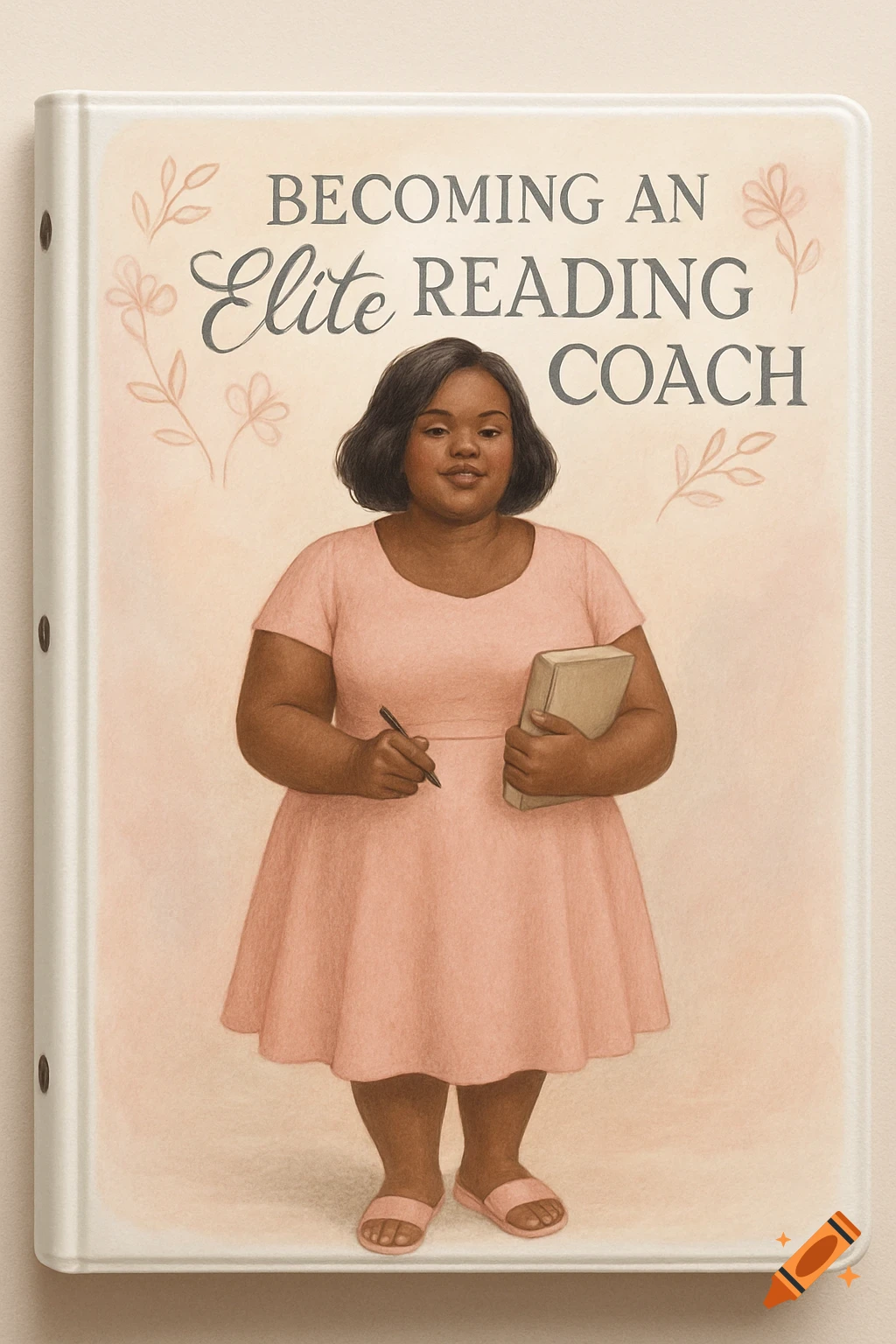 Illustration of a plus-size Black woman in a pink dress and sandals, holding a book and pen, on a binder cover titled 'BECOMING AN ELITE READING COACH'.