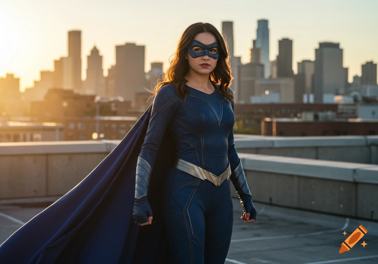 A woman in a blue superhero suit with a cape and mask stands on a rooftop with a city skyline at sunset.
