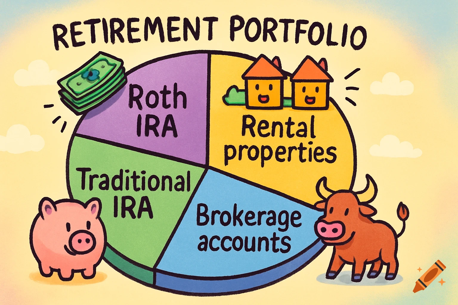 Cartoon pie chart detailing a retirement portfolio with Roth IRA, Traditional IRA, Rental properties, and Brokerage accounts.
