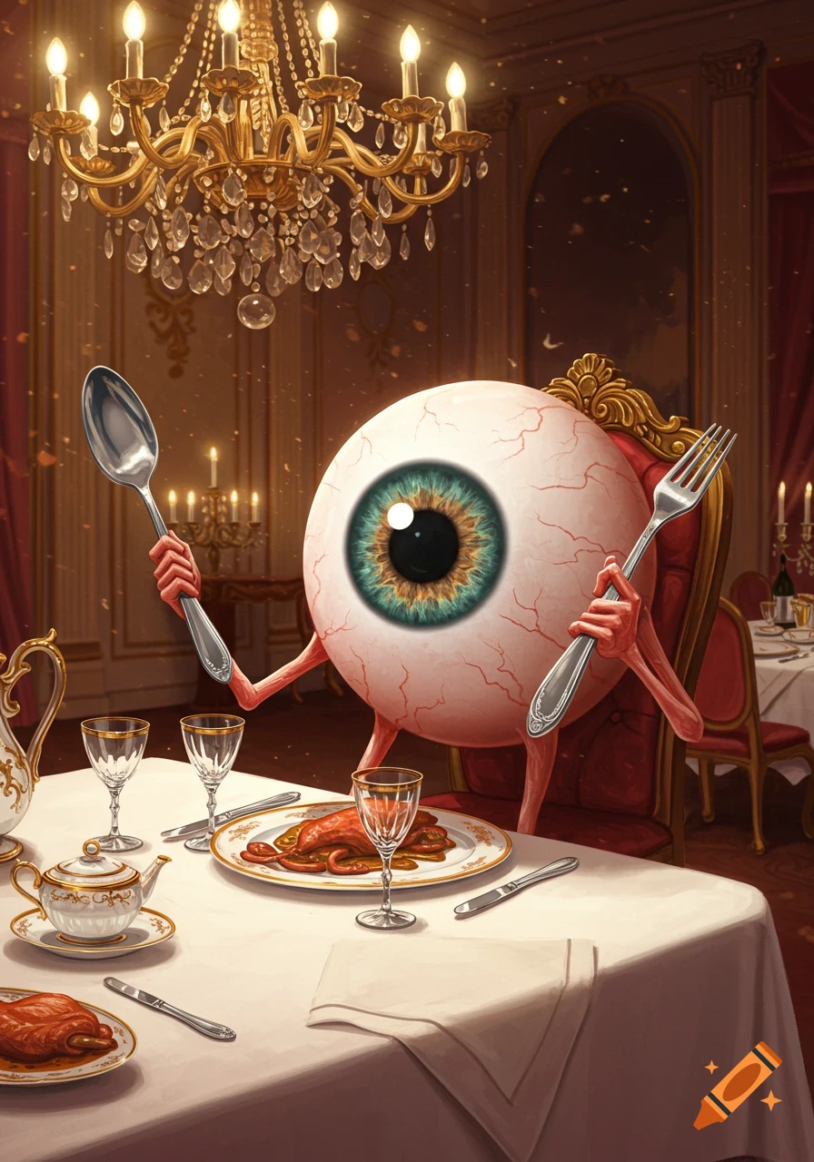 A surreal eyeball creature with arms and legs sits at an elegant dining table, holding a fork and spoon, under a grand chandelier.