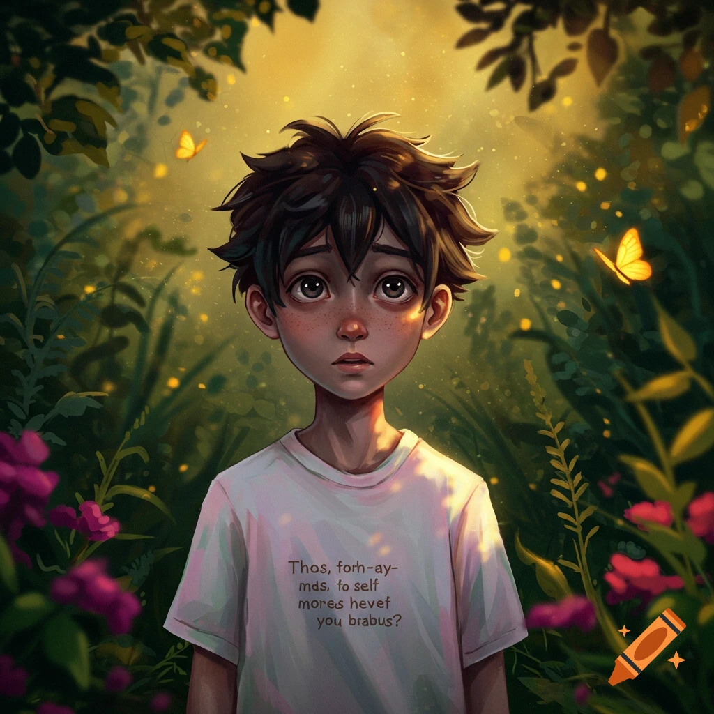 Digital illustration of a shy boy with big eyes and freckles, wearing a white t-shirt with gibberish text, standing in a lush, glowing forest with butterflies.