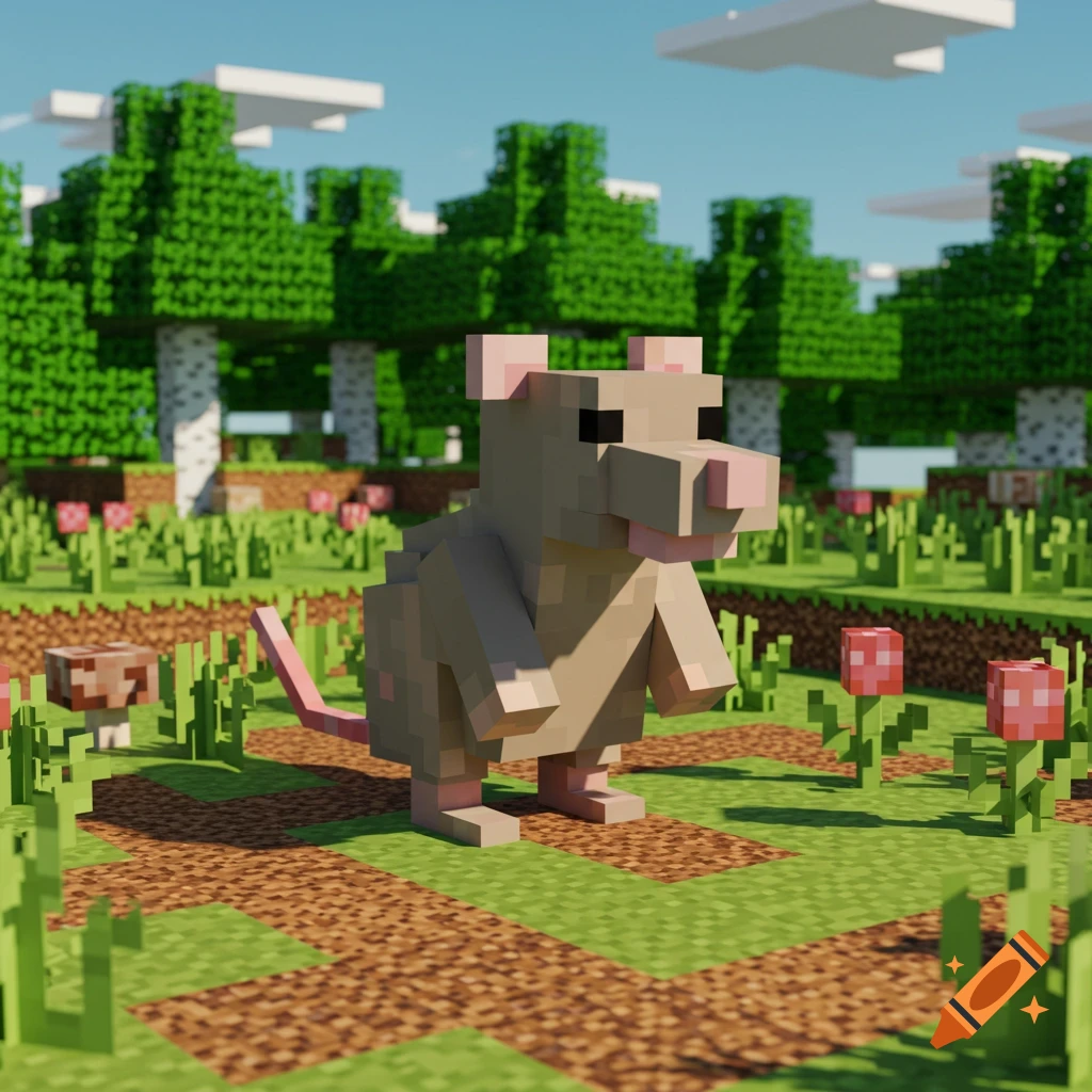 A blocky, pixelated rat stands in a Minecraft-style world with green grass, trees, and red flowers under a blue sky.