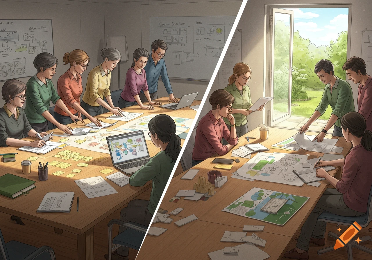 A stylized split image shows two groups of people collaborating on projects at tables; one group is in an indoor meeting room, the other near an open window with sunlight.