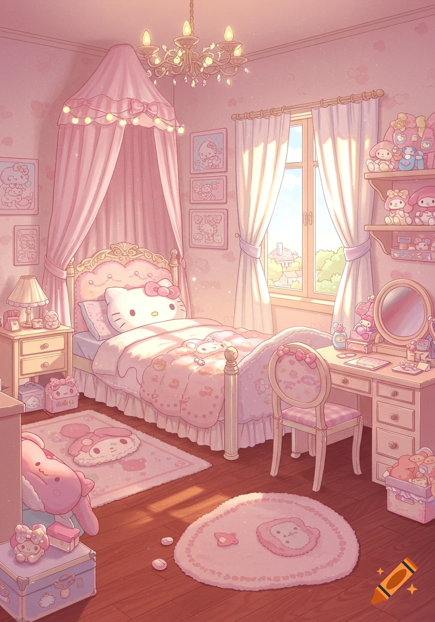 A cute, pink anime-style bedroom featuring Sanrio characters like Hello Kitty and My Melody, bathed in bright daylight.